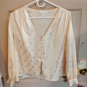 Theory Cream Blouse with Subtle Dots